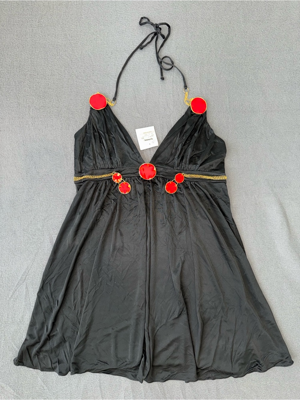 Express Black Y2K Halter Mini Dress Medium Red Gold Disc Detail NWT